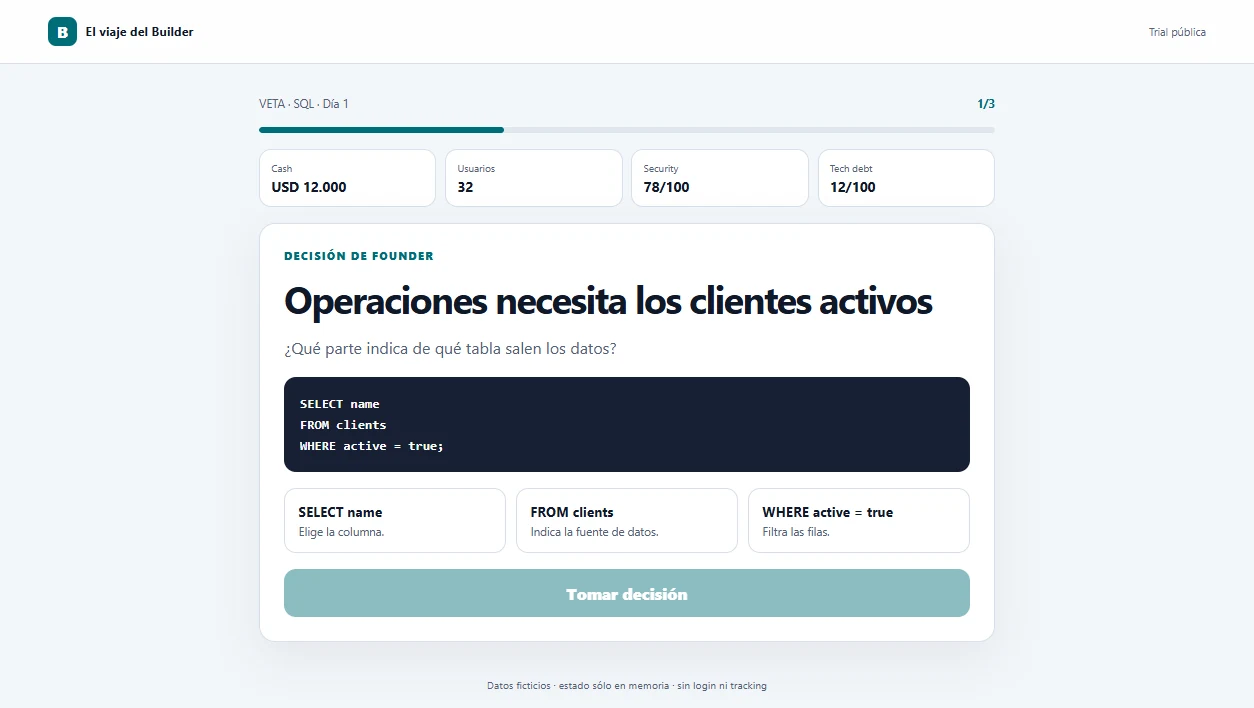 Desafío real de la trial pública de El Viaje del Builder